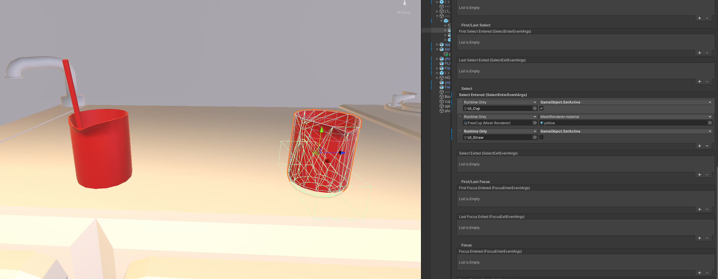 Unity Scene View with two red cups and Select Entered interaction settings visible in the Inspector